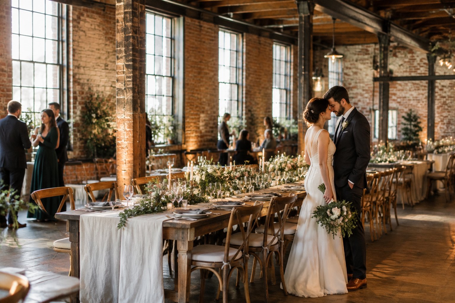 A couple stands beside a decorated reception table inside a brick industrial venue.