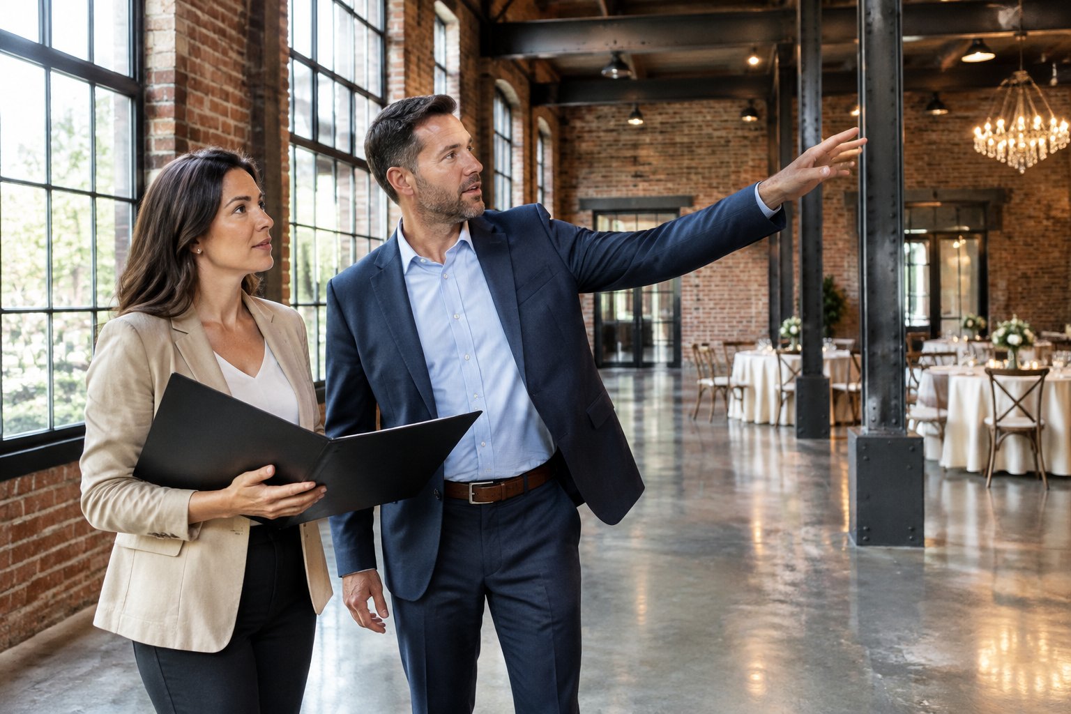 A prospective buyer and real estate professional inspect a converted industrial wedding venue.