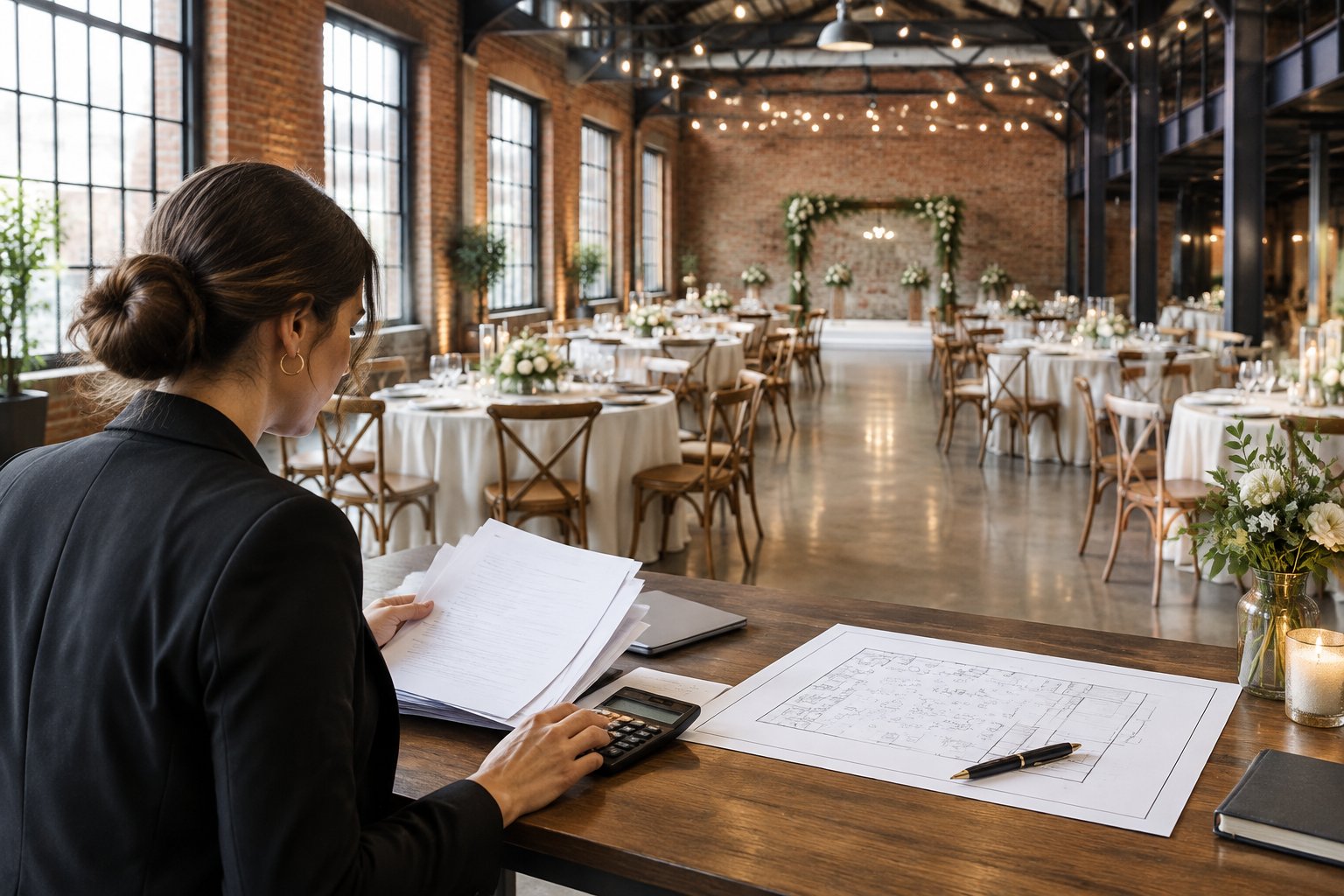 A wedding planner reviews paperwork in a decorated industrial warehouse wedding venue.