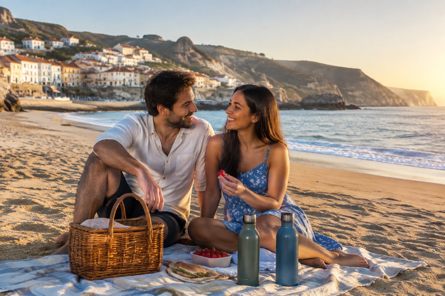A newly married couple shares a picnic on a scenic beach.