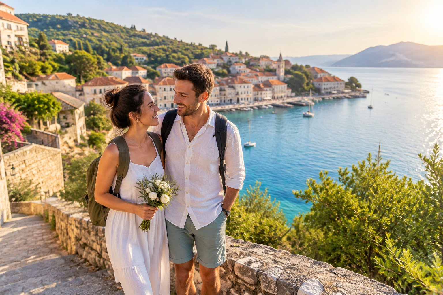 A newlywed couple enjoys a scenic overlook above a coastal town.