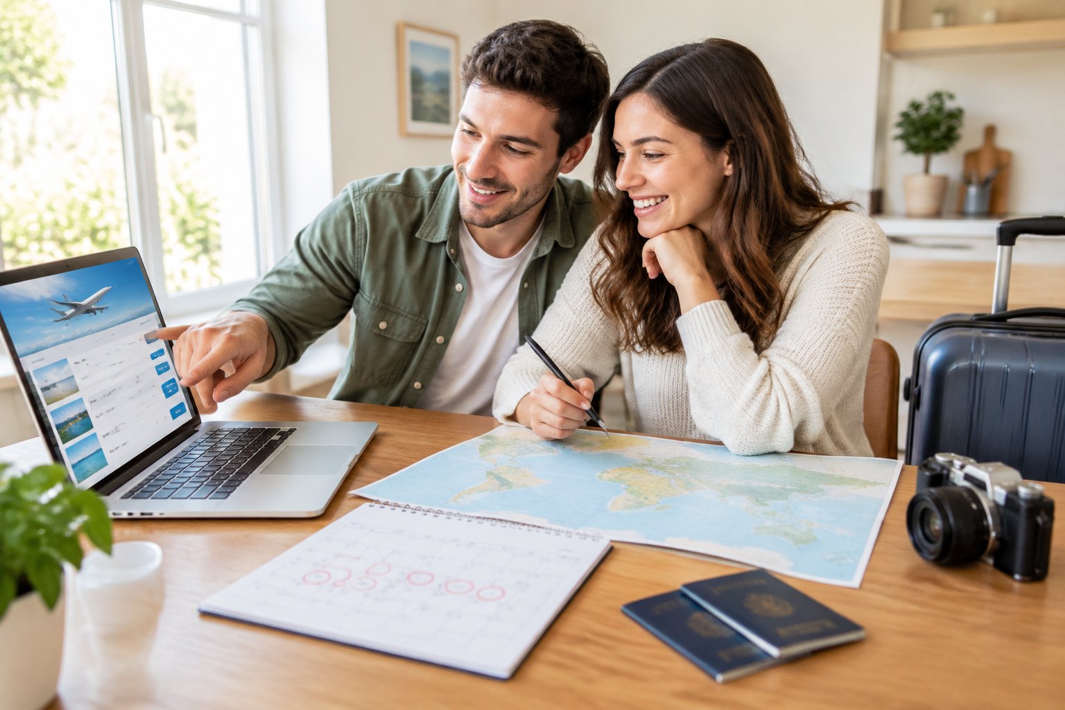 A newlywed couple plans an affordable honeymoon at a table with a laptop, calendar, map, and travel bags.