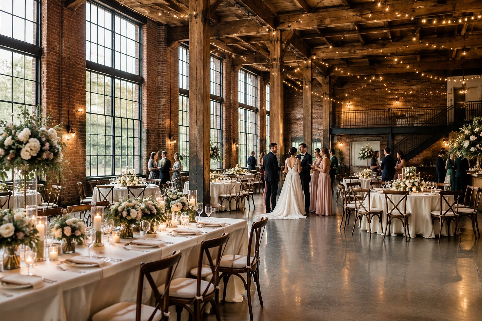 An industrial wedding hall arranged with dining tables, an open dance floor, and a ceremony area.