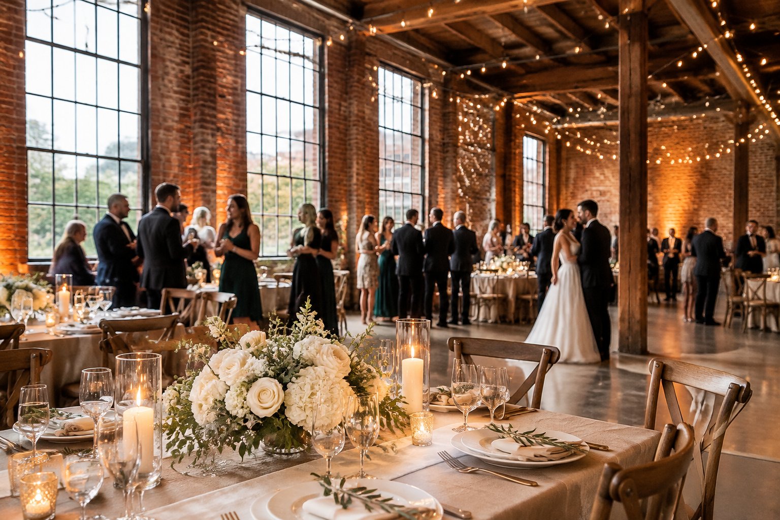 Guests celebrate at a wedding reception in a brick industrial hall.