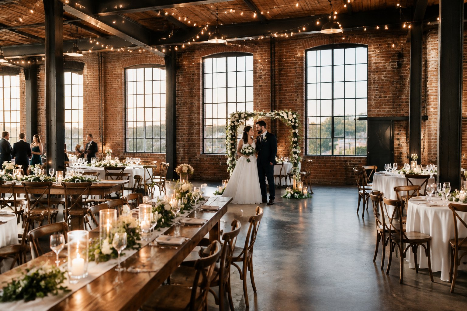 A couple celebrates at a wedding reception in a brick industrial hall.
