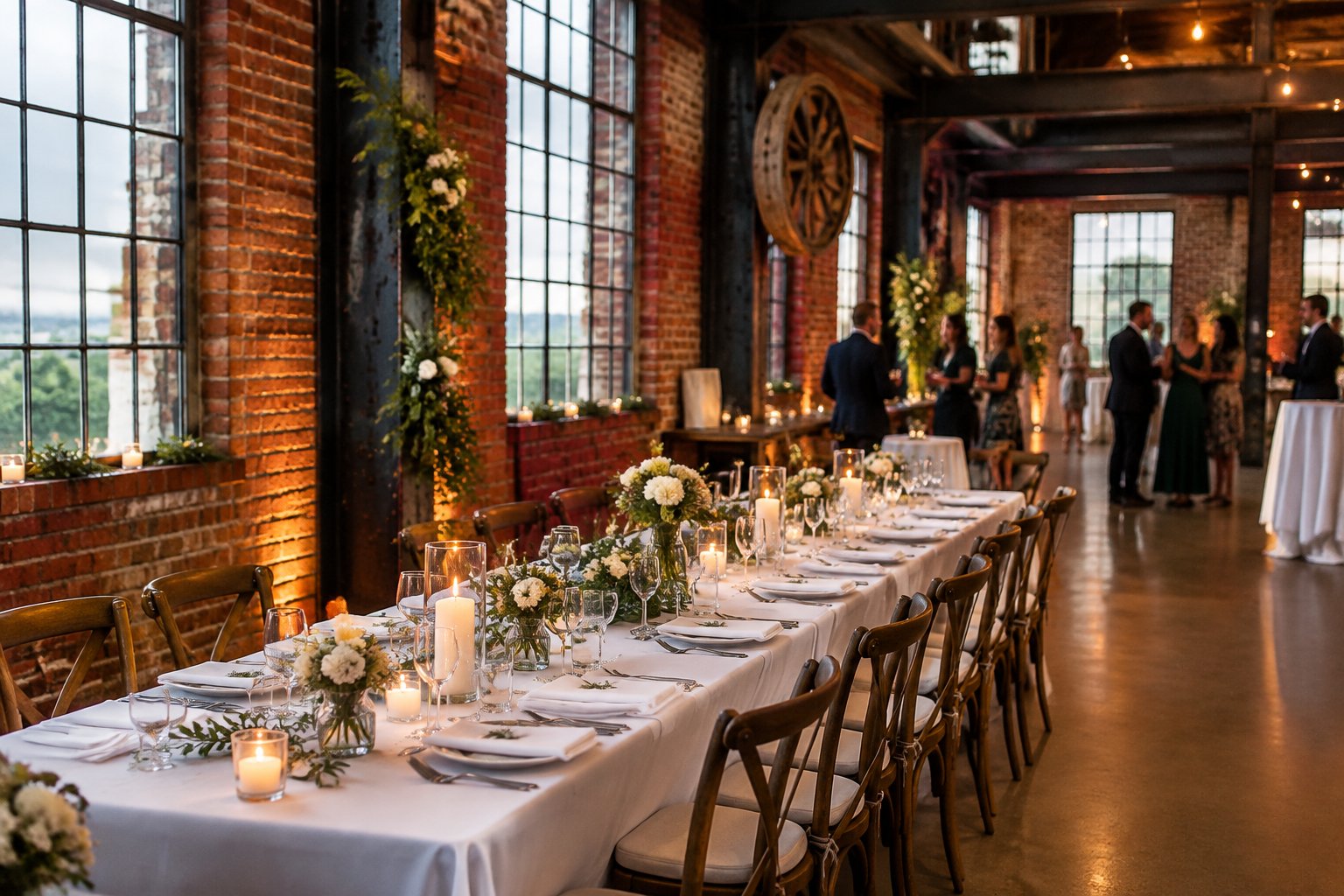A wedding reception set in a brick industrial venue.