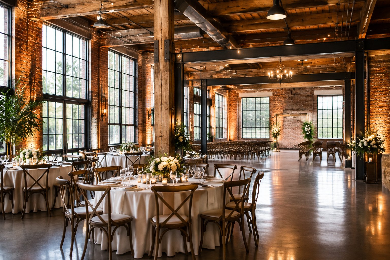 An industrial event venue with exposed brick, tall windows, and elegantly arranged reception tables.