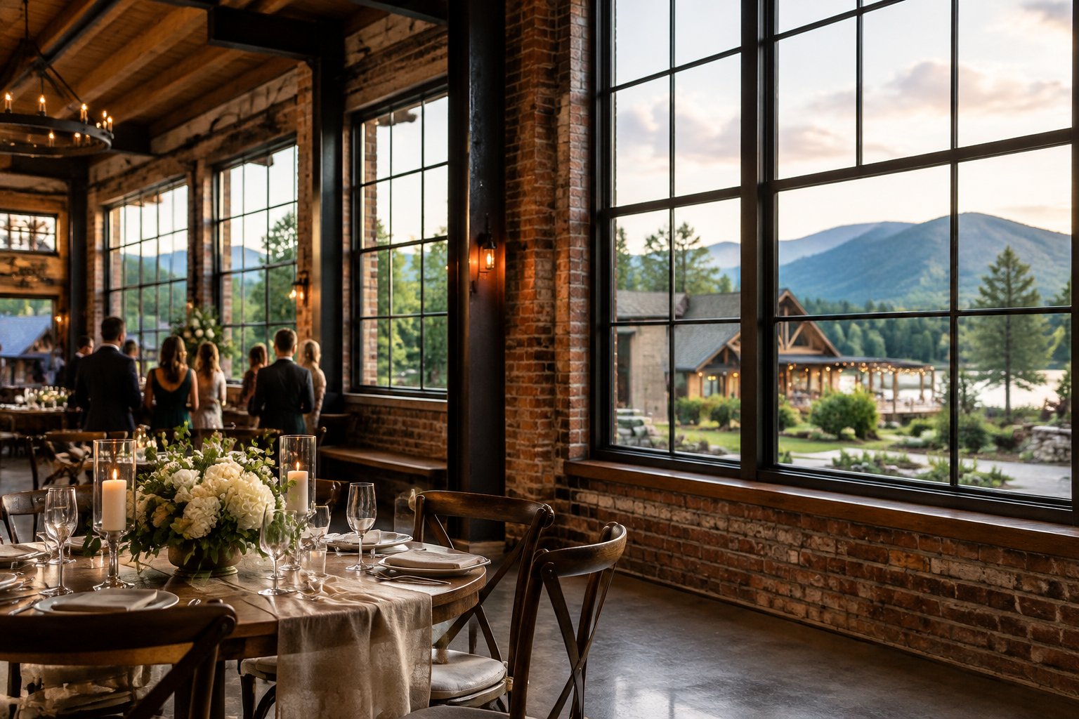 A wedding reception inside a brick-and-steel venue overlooking wooded Adirondack hills.