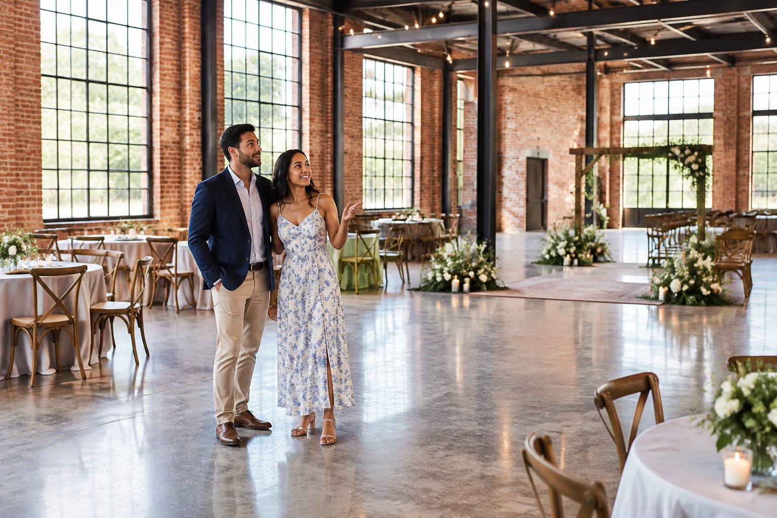 A couple looks around an industrial wedding venue.
