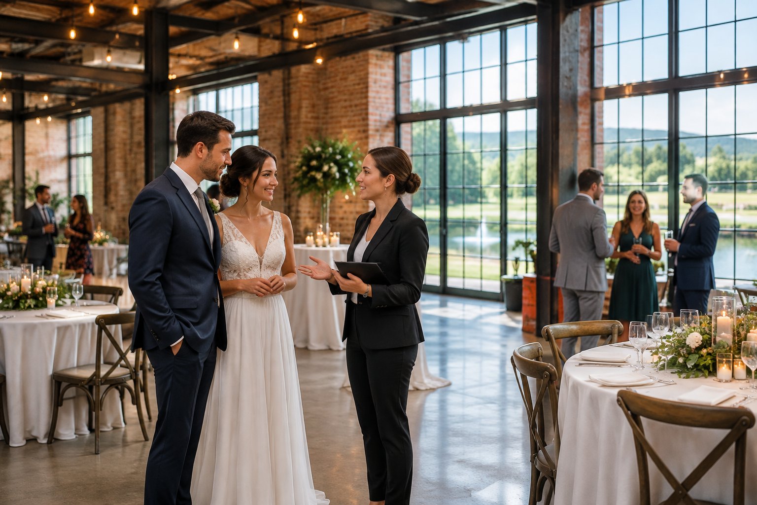 A couple and venue coordinator discuss a wedding reception in a brick industrial hall.