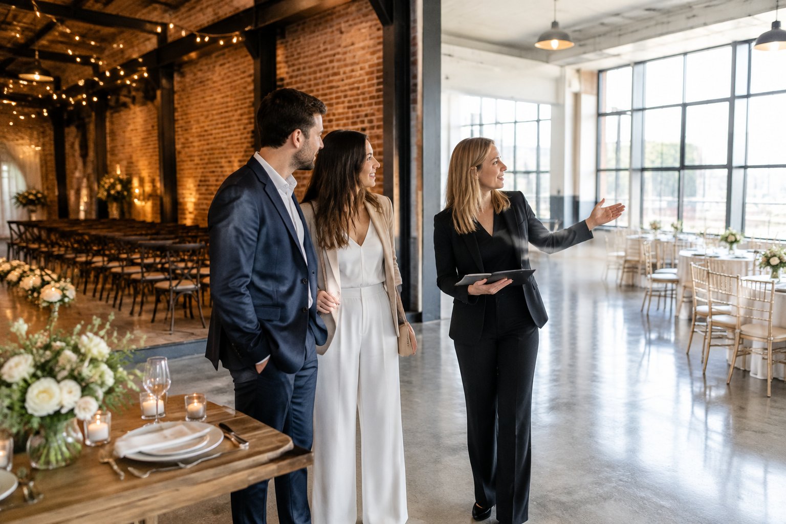A couple and a wedding planner compare two areas of an industrial venue.
