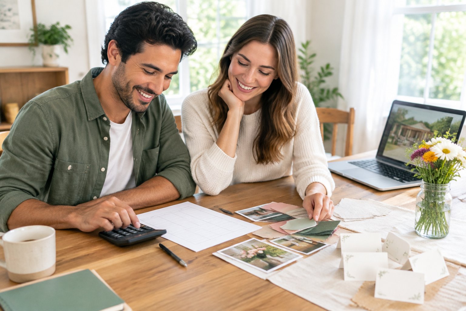 An engaged couple plans their wedding budget together at a table.