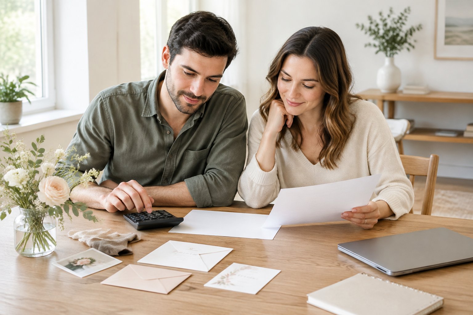 An engaged couple reviews wedding plans and expenses together at a table.