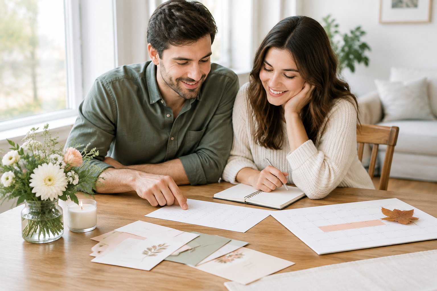 An engaged couple reviews a guest list and calendar while planning their wedding.