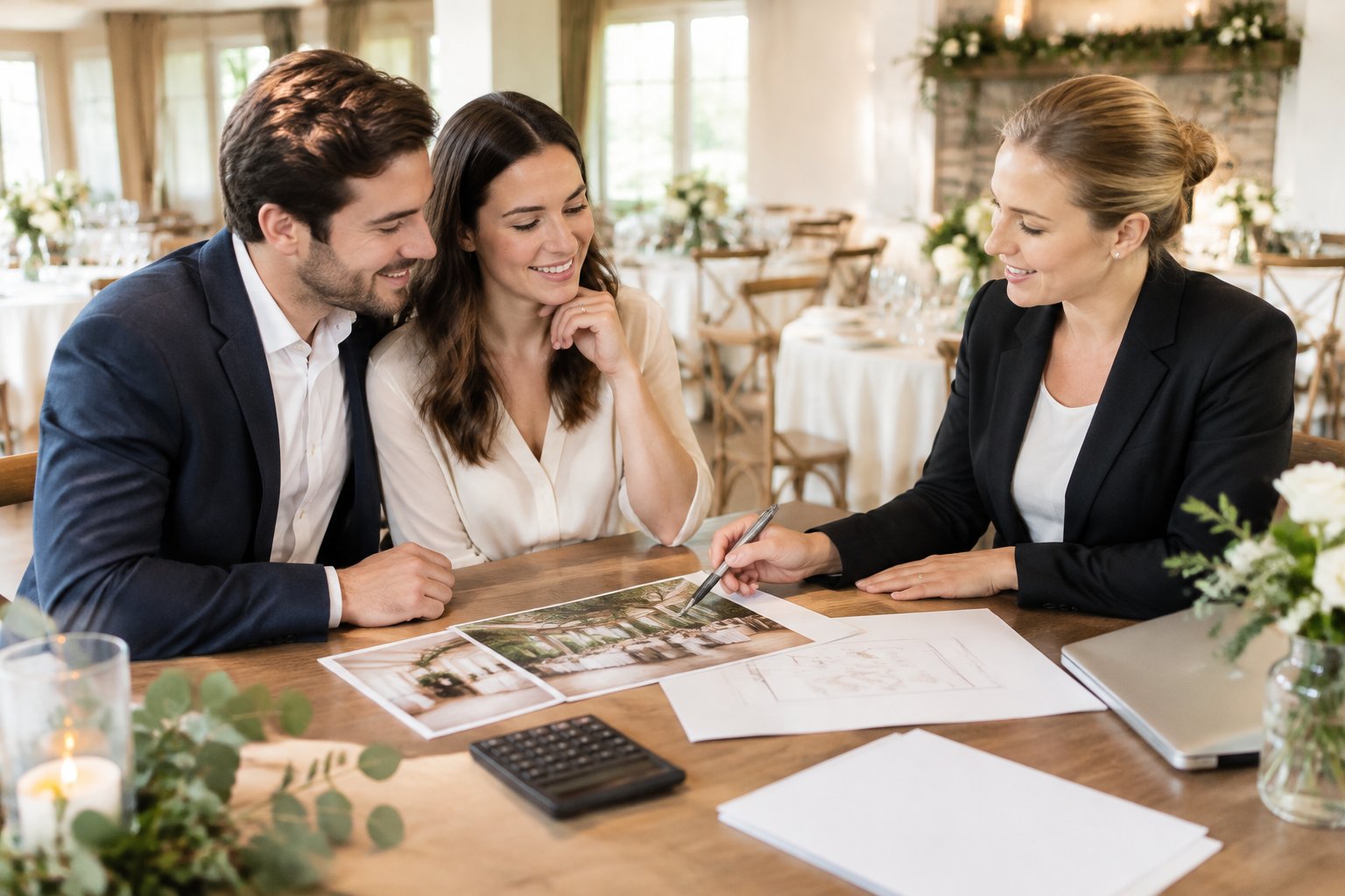 A couple and wedding planner review plans at a modest reception venue.