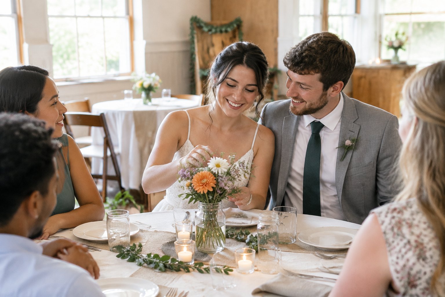 A newlywed couple shares a simple reception table decorated with candles and a small vase of flowers.
