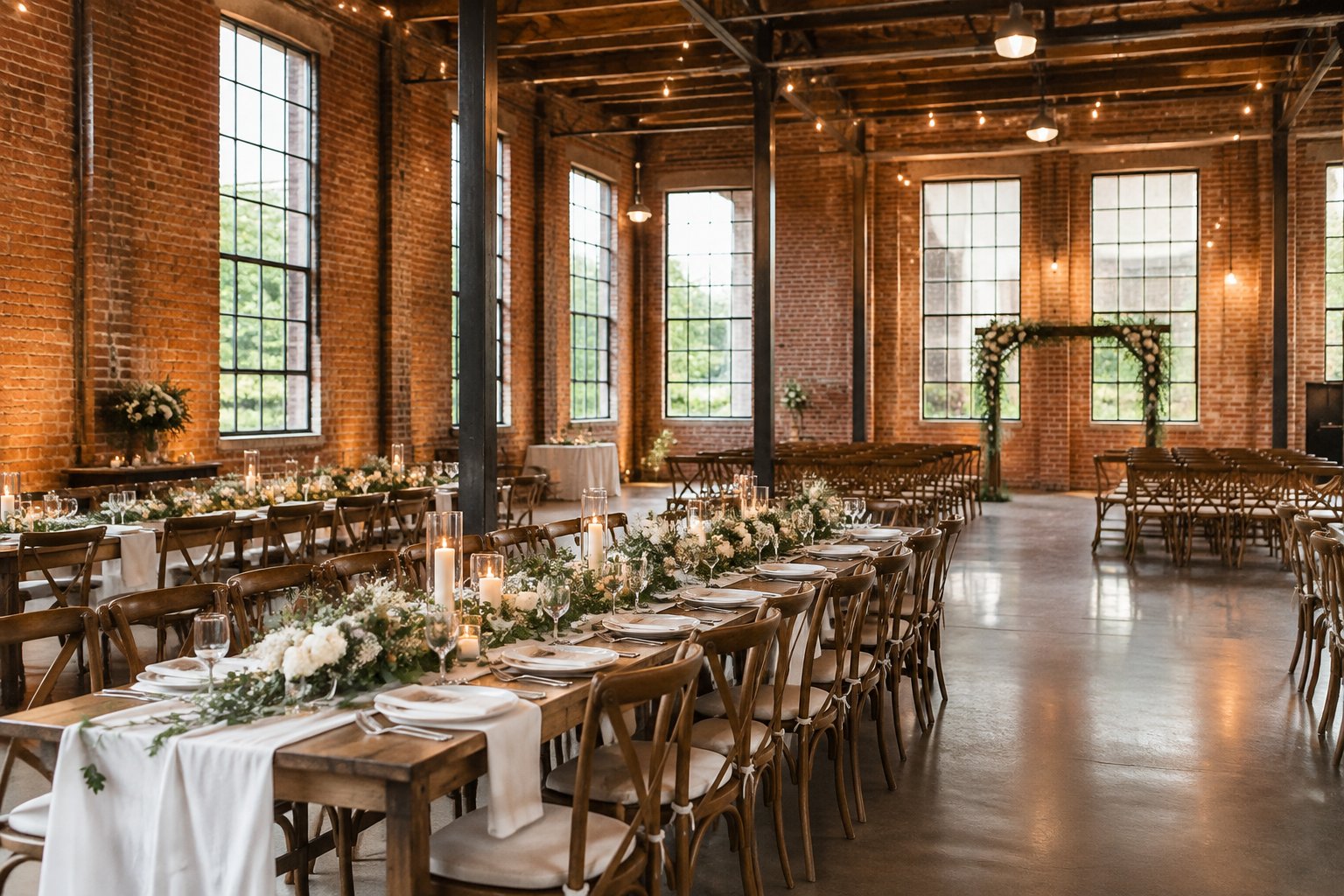 A wedding reception set inside a brick warehouse venue.