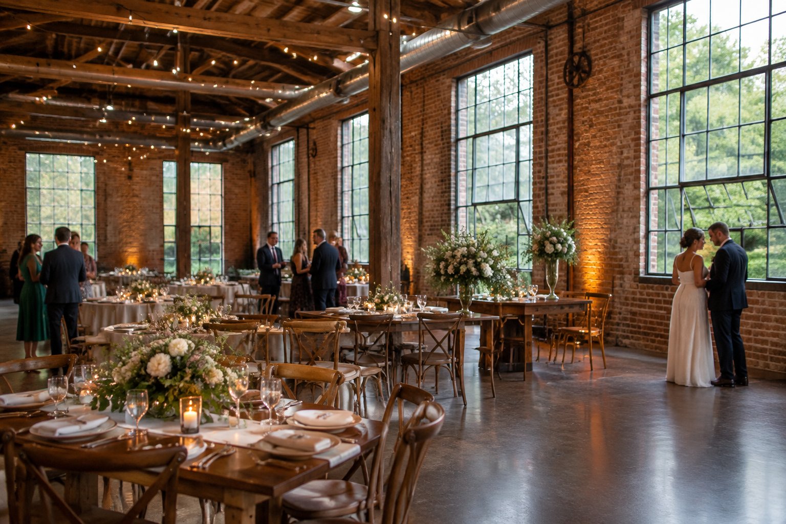 Guests gather for a wedding reception inside a brick factory venue.