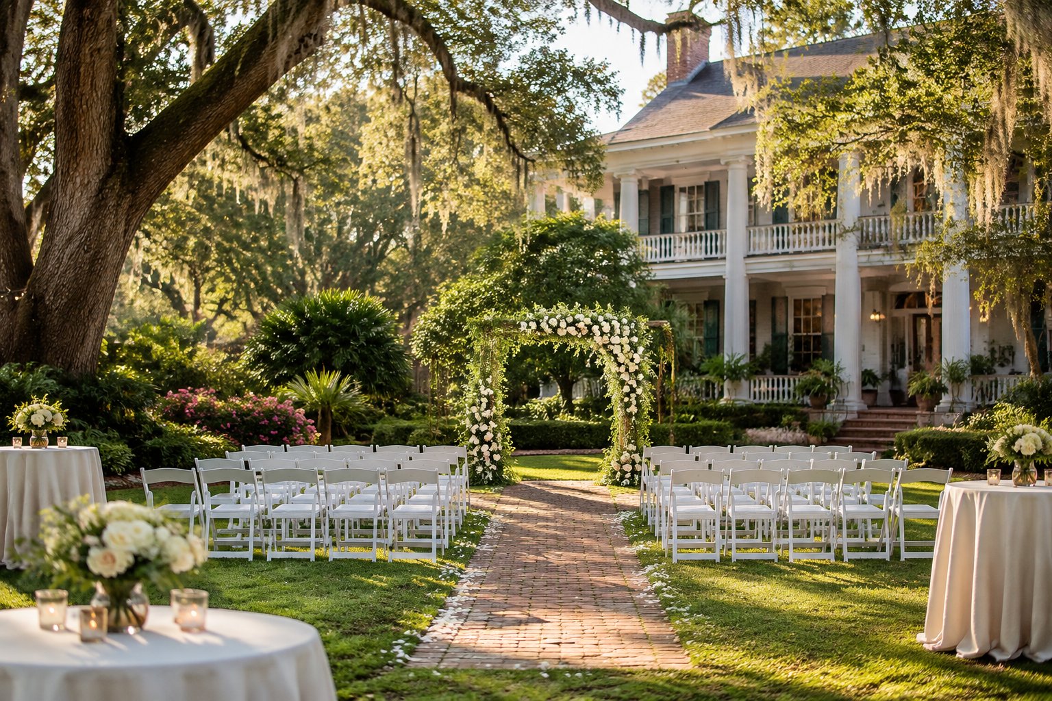 A garden wedding ceremony set in a courtyard beside a historic estate.