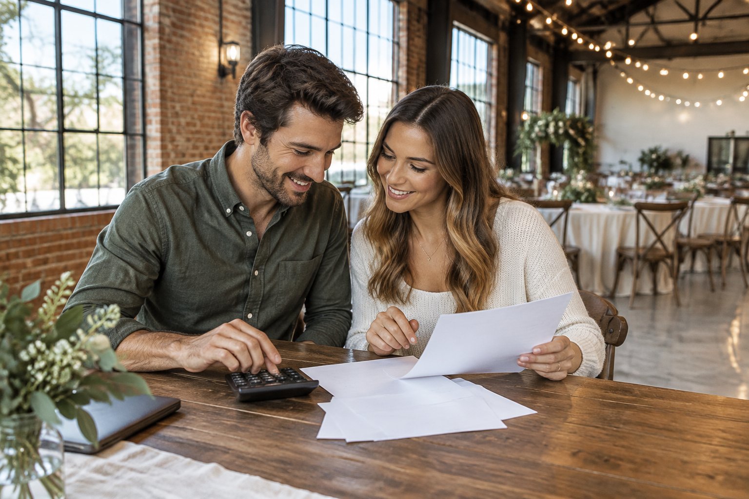 An engaged couple reviews wedding plans at a table inside an industrial venue.