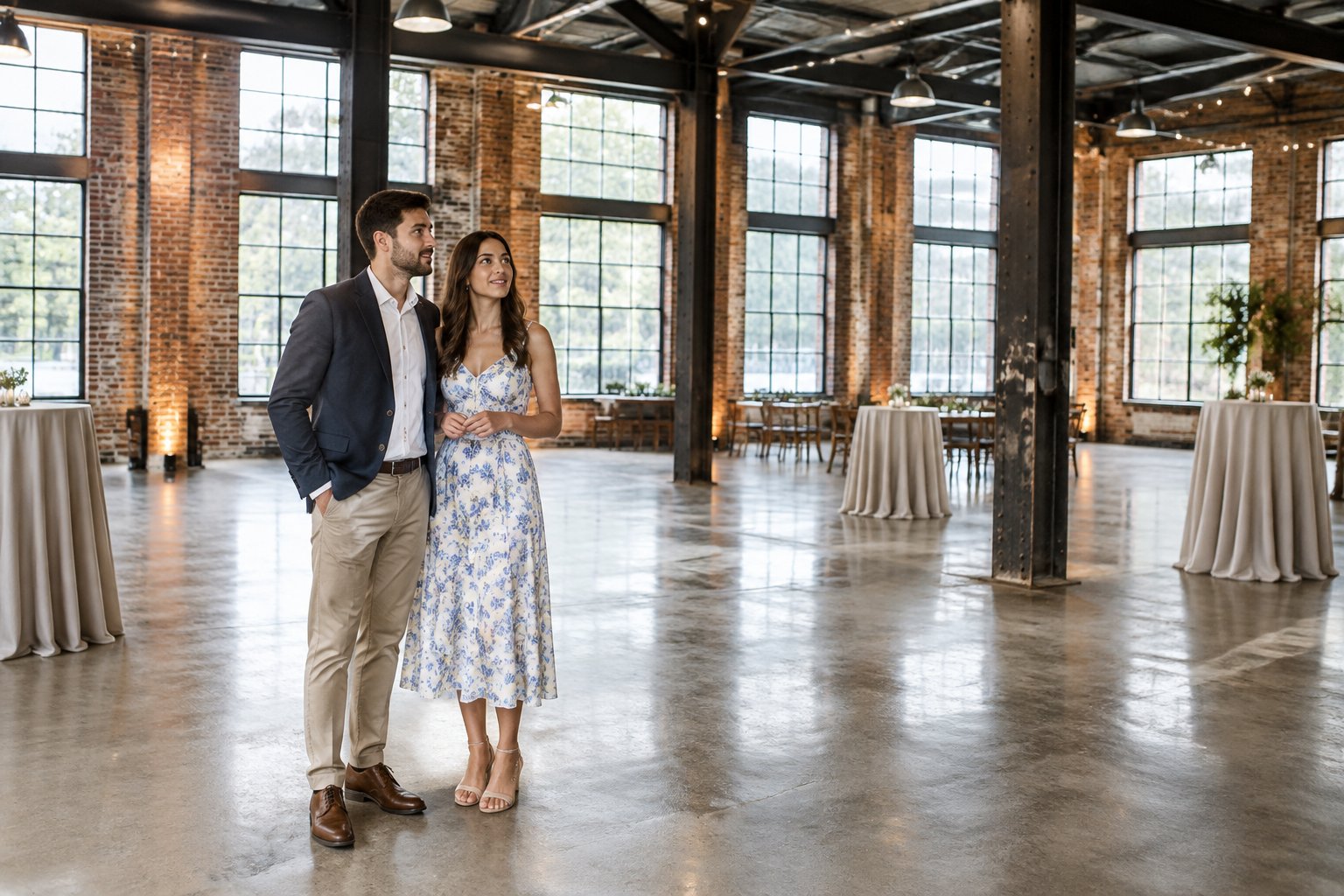 A couple looks around an industrial wedding venue.