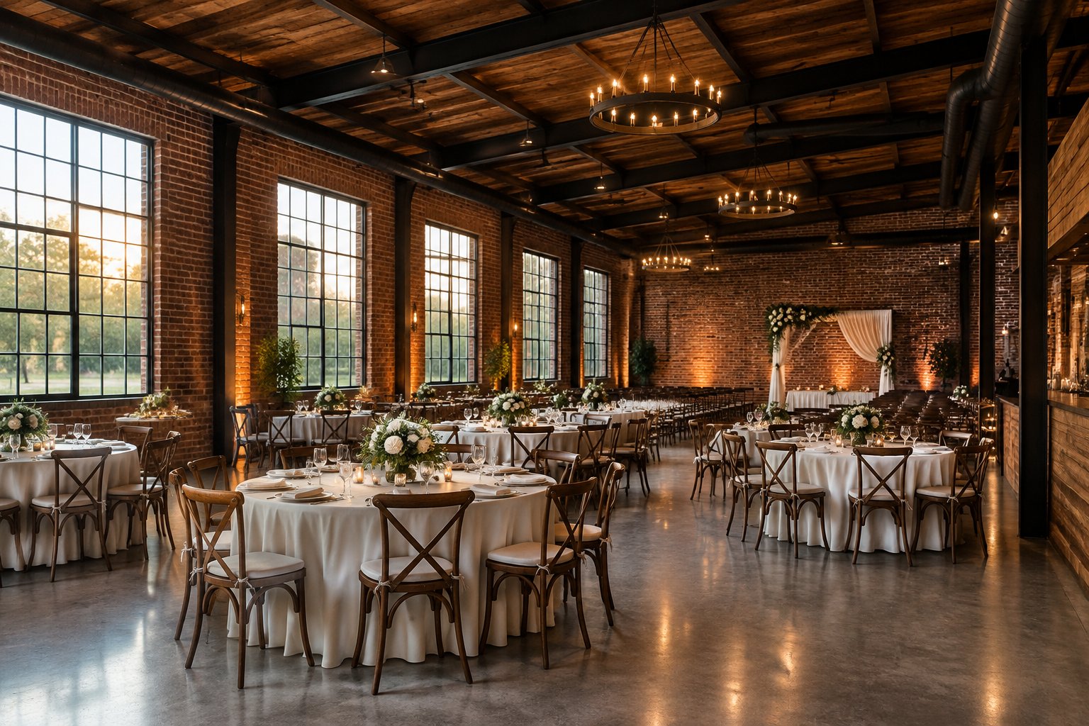 A decorated wedding reception inside a brick industrial venue.