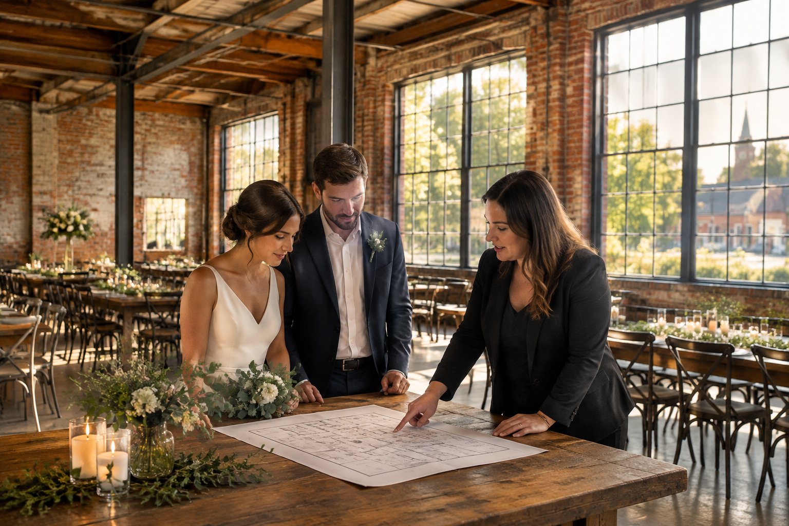 A couple and a venue coordinator review a layout inside a brick industrial wedding venue.