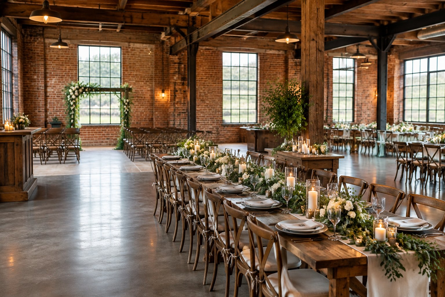 A wedding reception table in a brick-and-beam venue with tall windows and a ceremony area in the background.