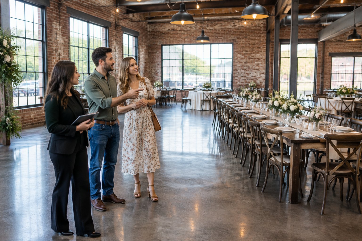 A couple and venue coordinator compare a brick industrial wedding venue.