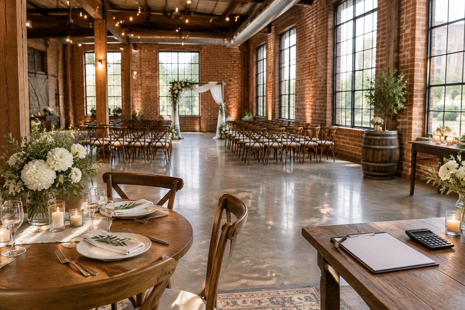 A decorated wedding reception table inside a converted industrial warehouse.