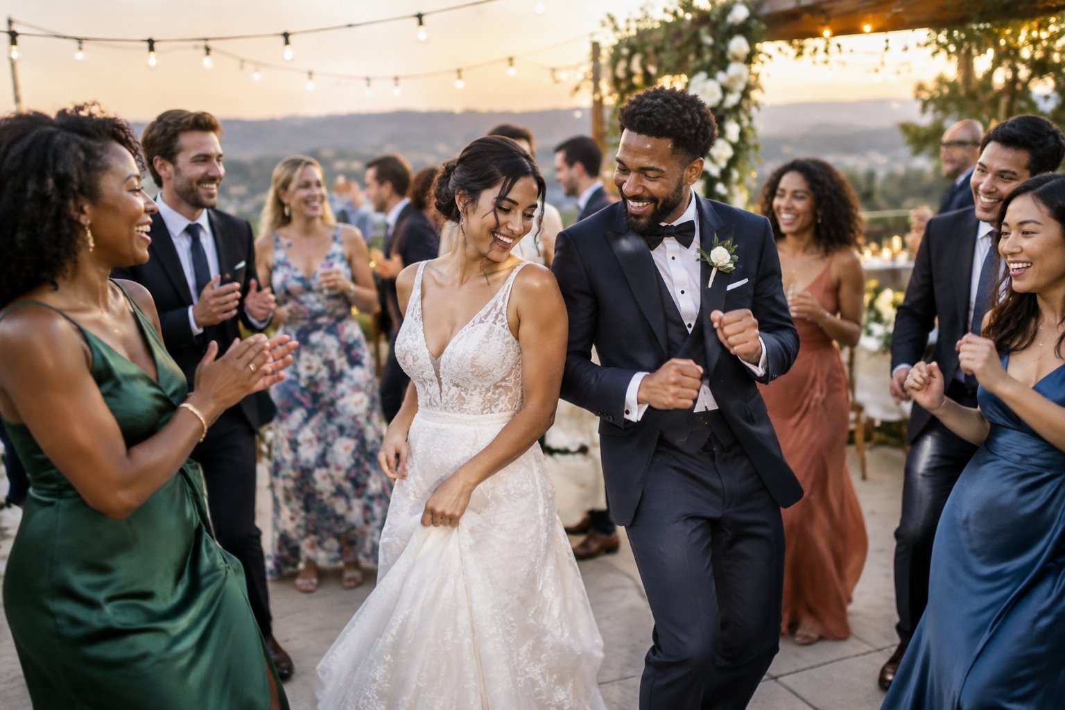 A newly married couple dances with laughing guests at an outdoor wedding reception.