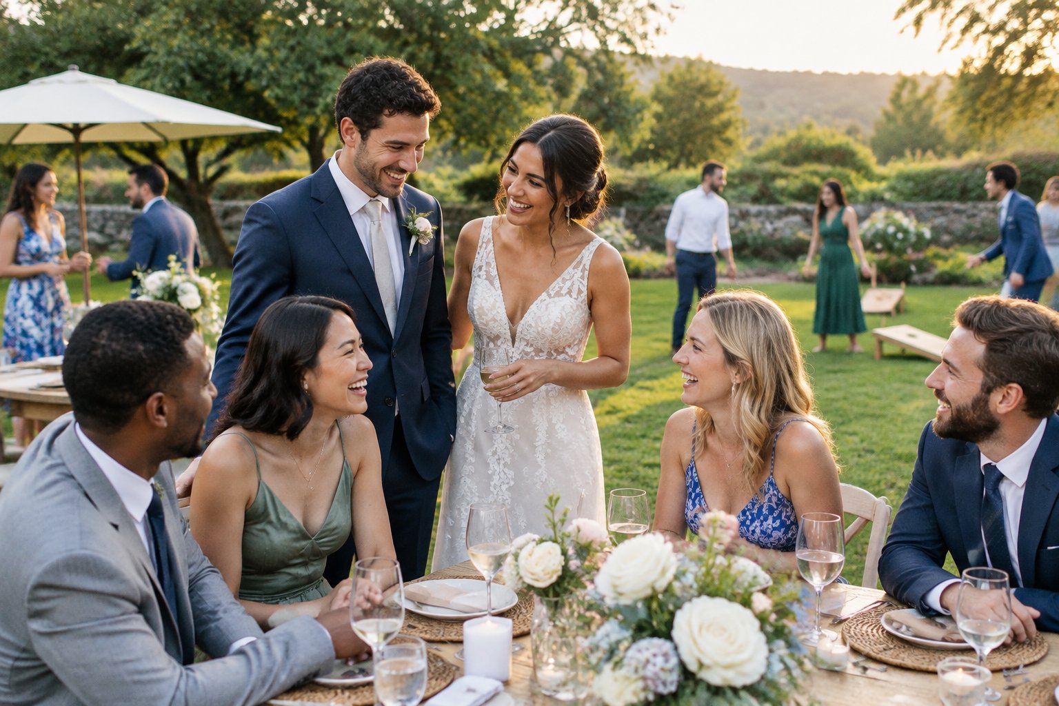 A newly married couple mingles with smiling guests at a lively outdoor wedding reception.