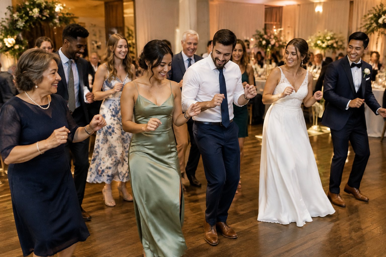 Wedding guests join the newlyweds for a group dance at the reception.
