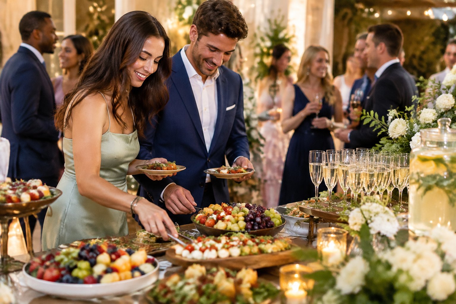 Wedding guests mingle and serve themselves appetizers and drinks at a reception.