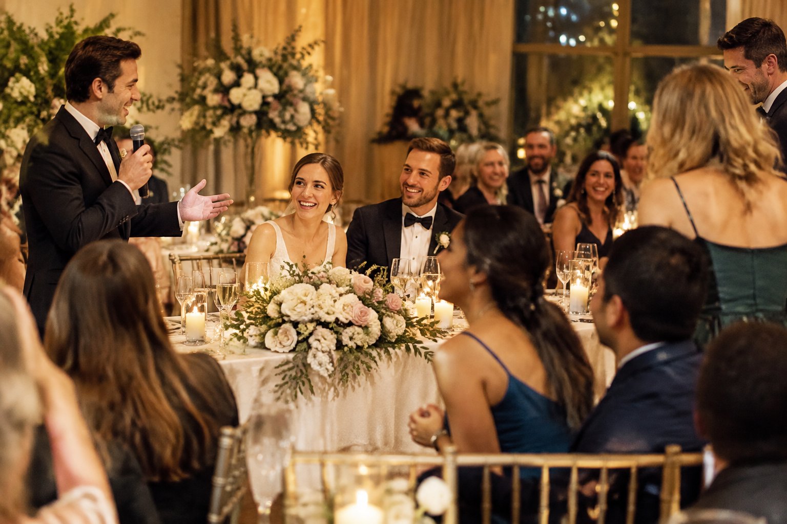 A smiling newlywed couple shares a warm moment as guests enjoy a wedding reception.