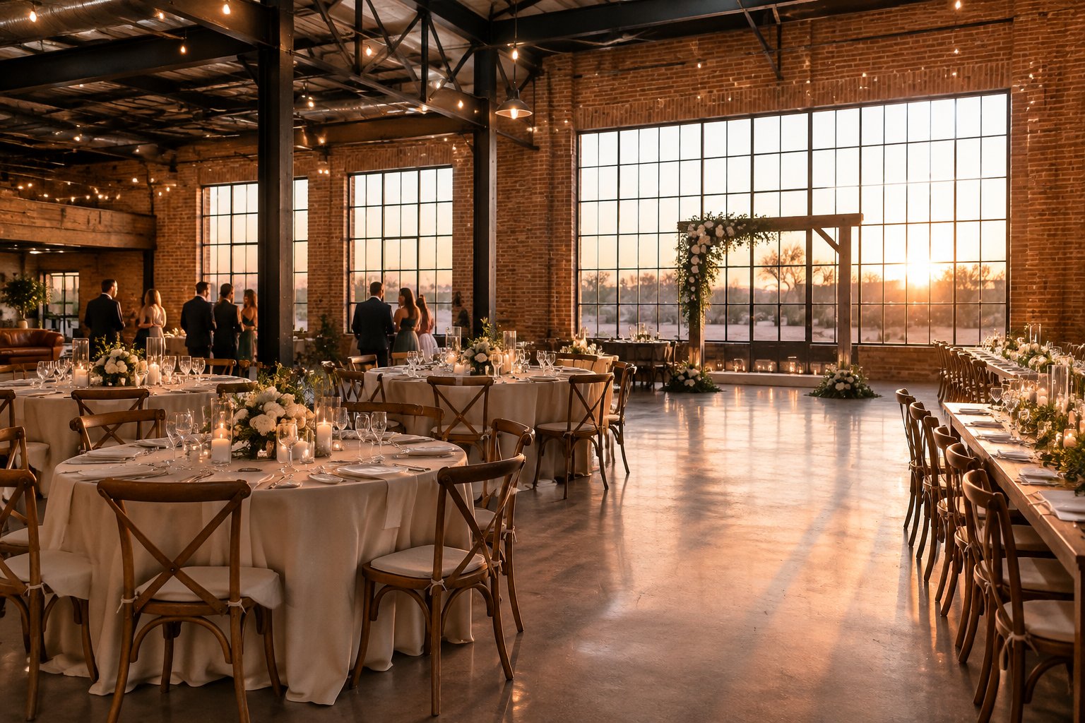 A wedding reception set up inside a spacious warehouse venue.