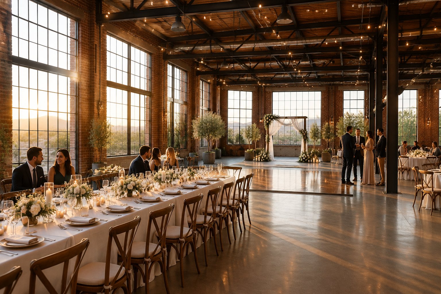 Guests gather around a decorated table at a wedding reception in a spacious venue.