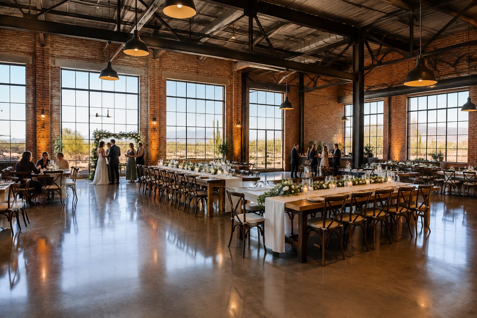 Guests gather for a wedding reception in a spacious warehouse venue.
