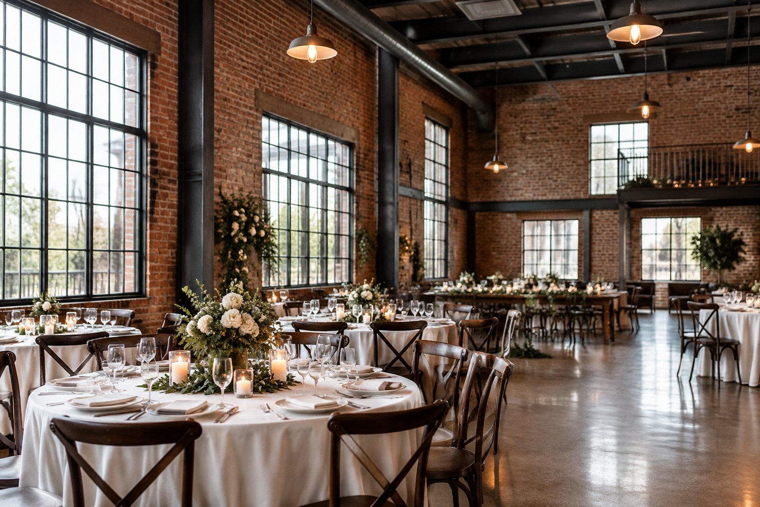 A wedding reception table set inside a brick-and-steel venue.