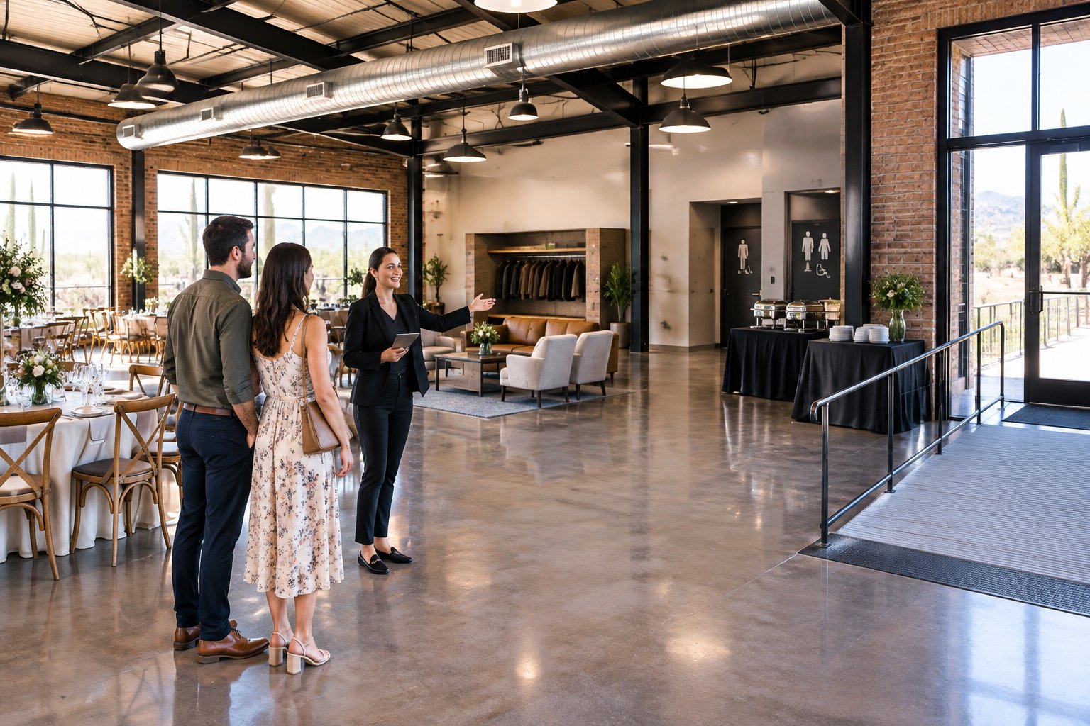 A couple and venue coordinator review amenities inside an industrial wedding venue.