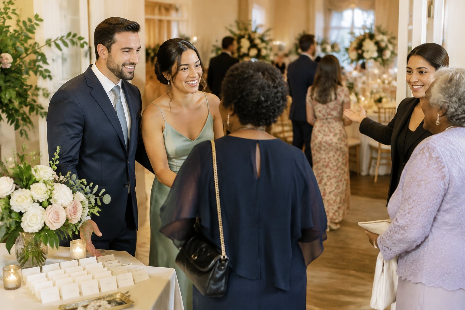A couple and wedding attendant warmly greet guests as they arrive at a reception.