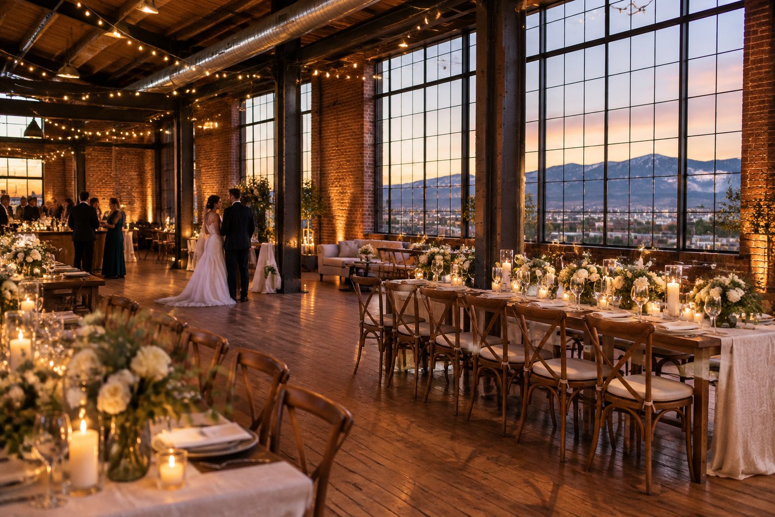 A wedding reception set up inside a warehouse-style venue.