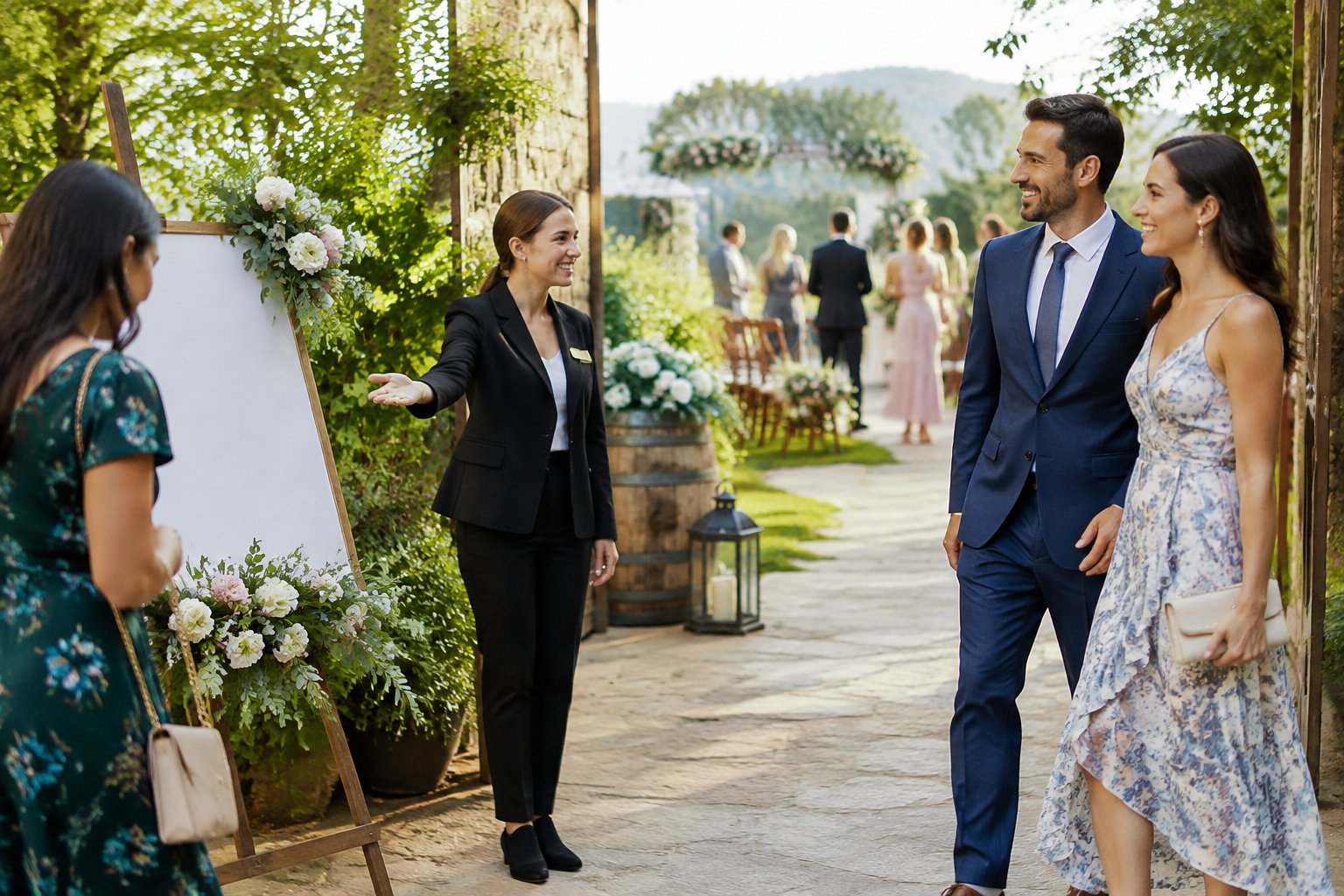 A wedding attendant welcomes guests at the entrance to an outdoor ceremony.