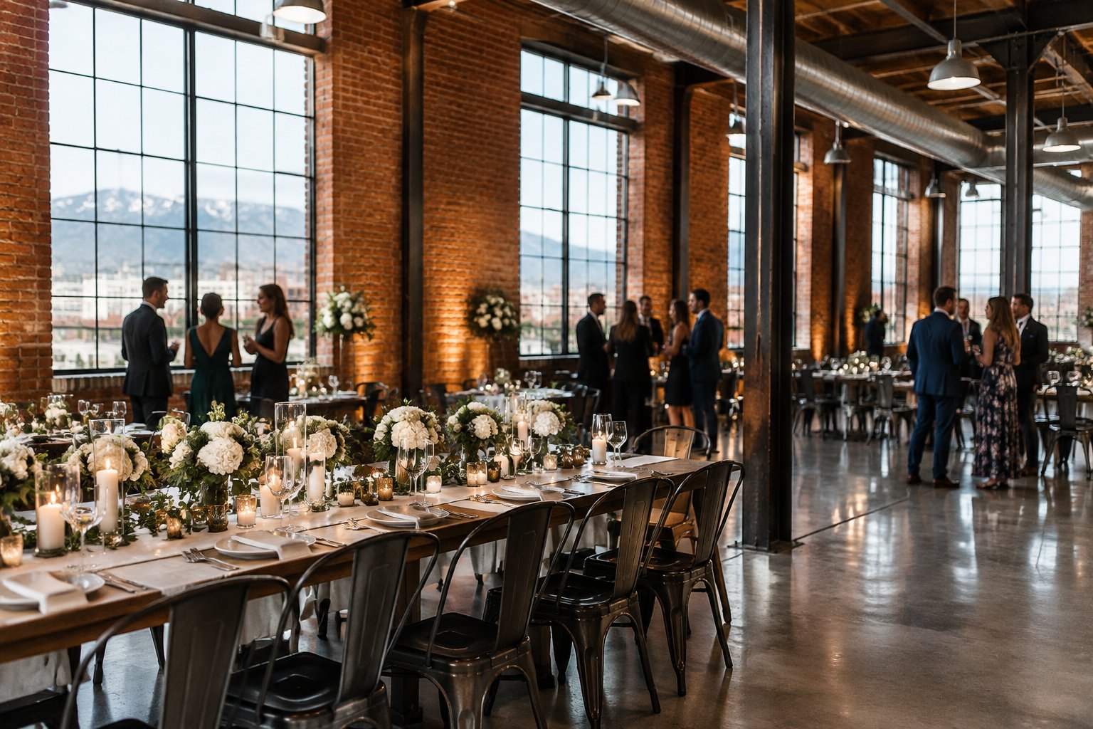 A wedding reception table in a spacious brick-and-steel venue.