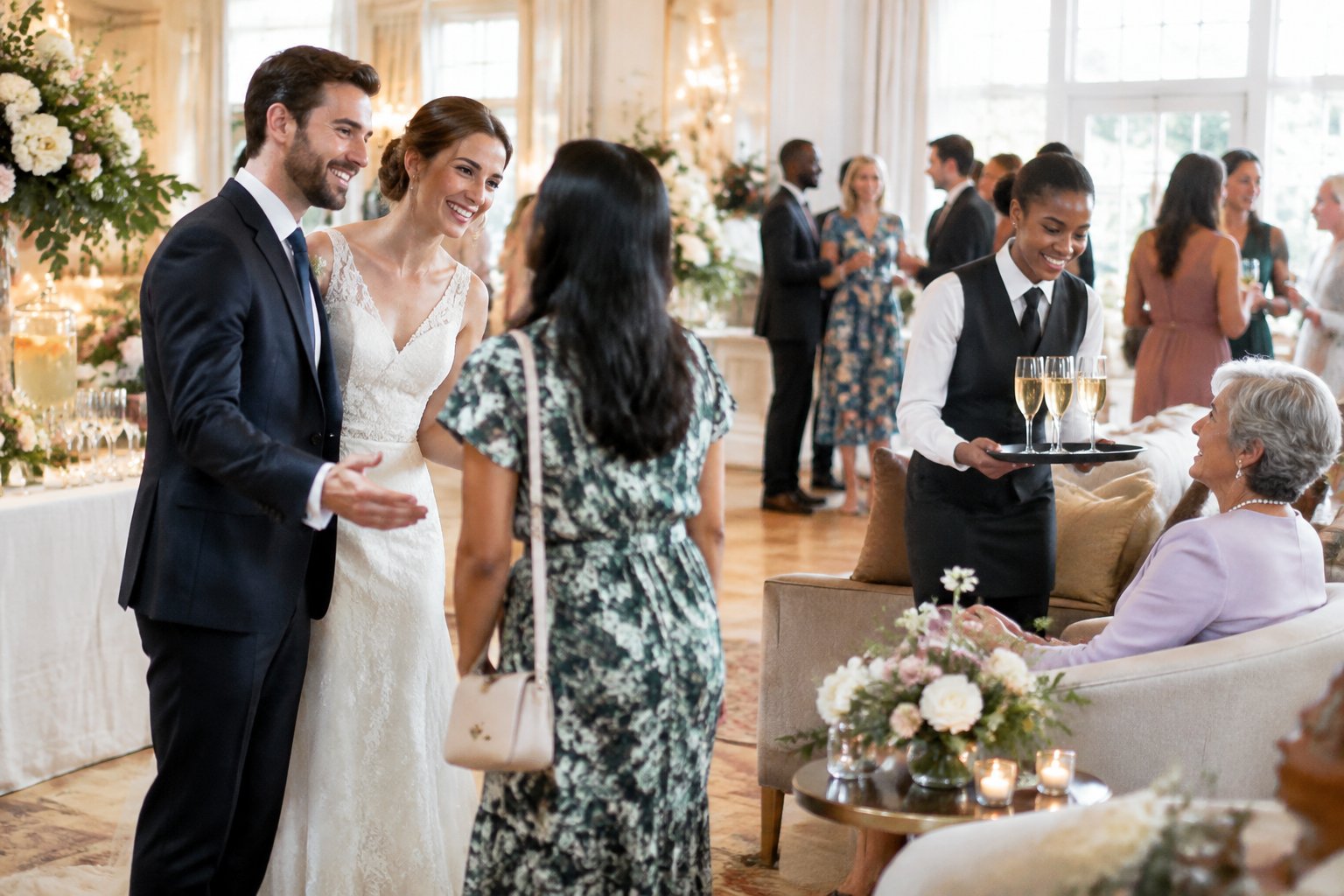 Newlyweds welcome guests at a wedding reception as an attendant offers a drink.