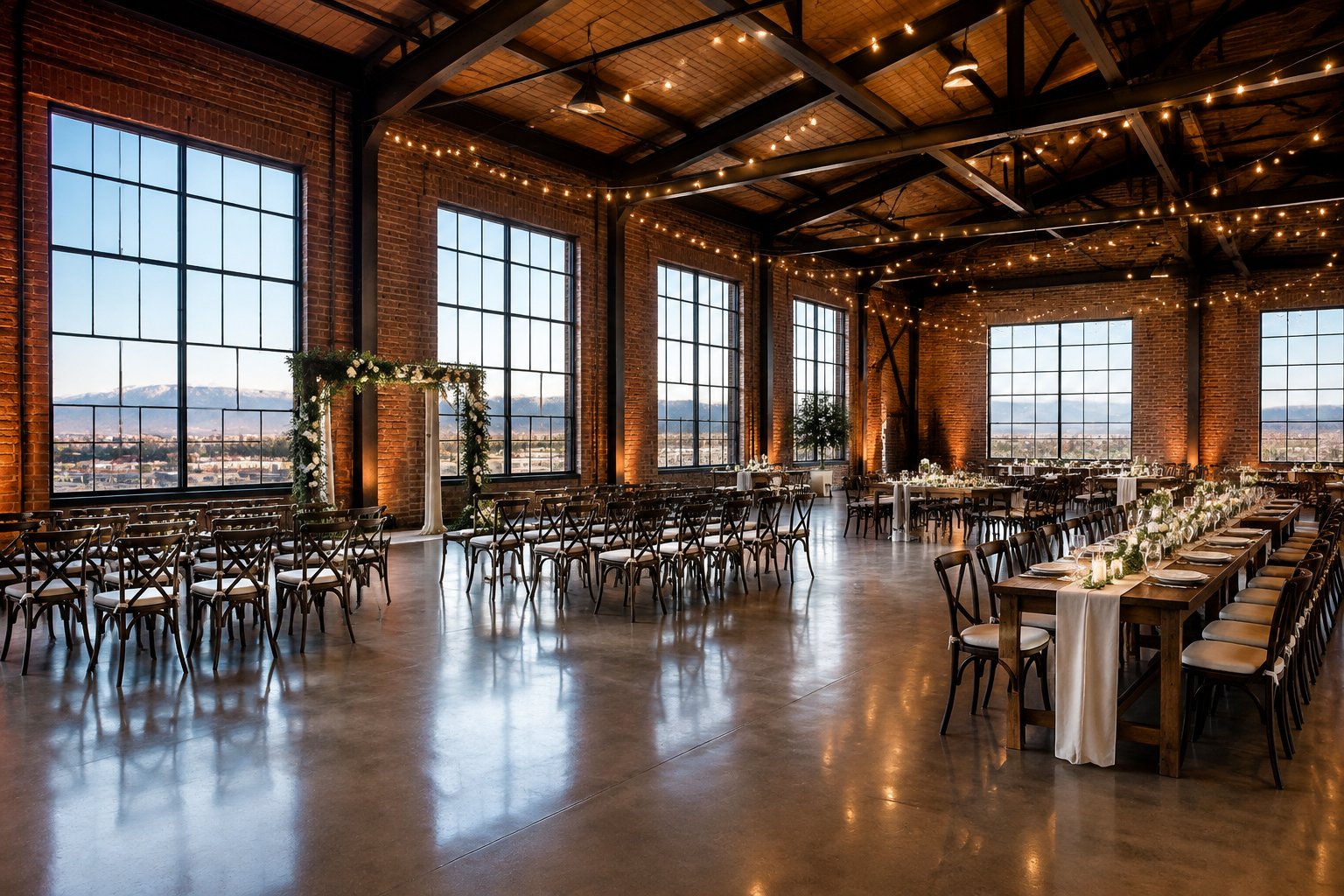 An industrial wedding venue in Reno set up with ceremony chairs and a reception table.
