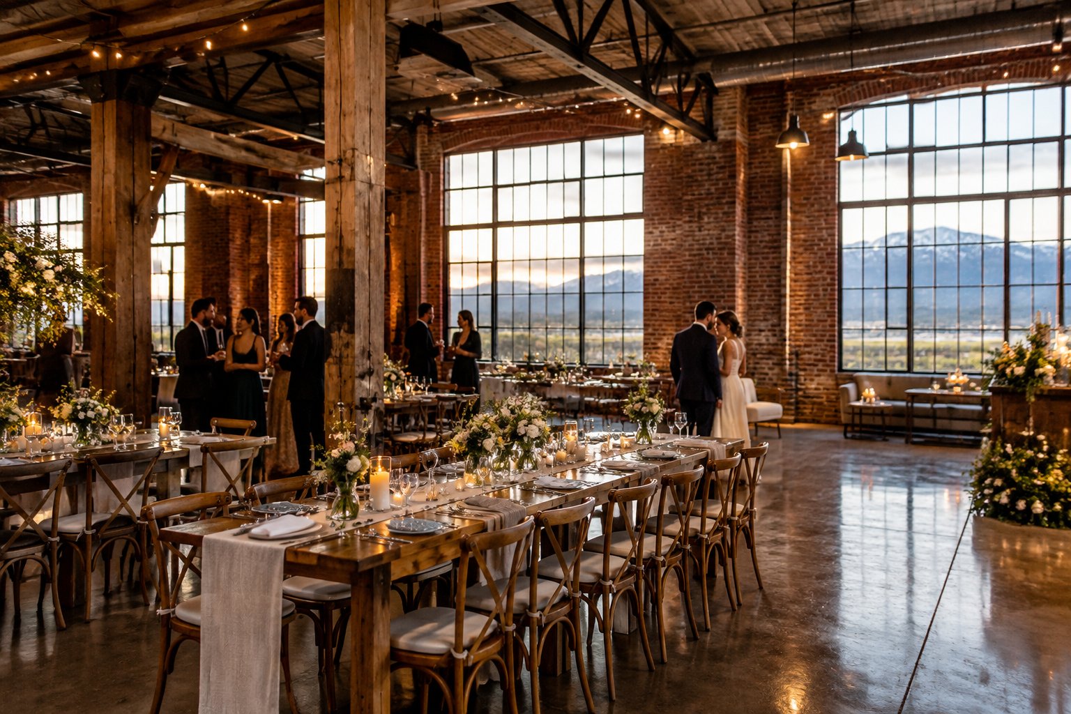 Guests gather for a wedding reception in a brick industrial venue with tall windows and wooden tables.