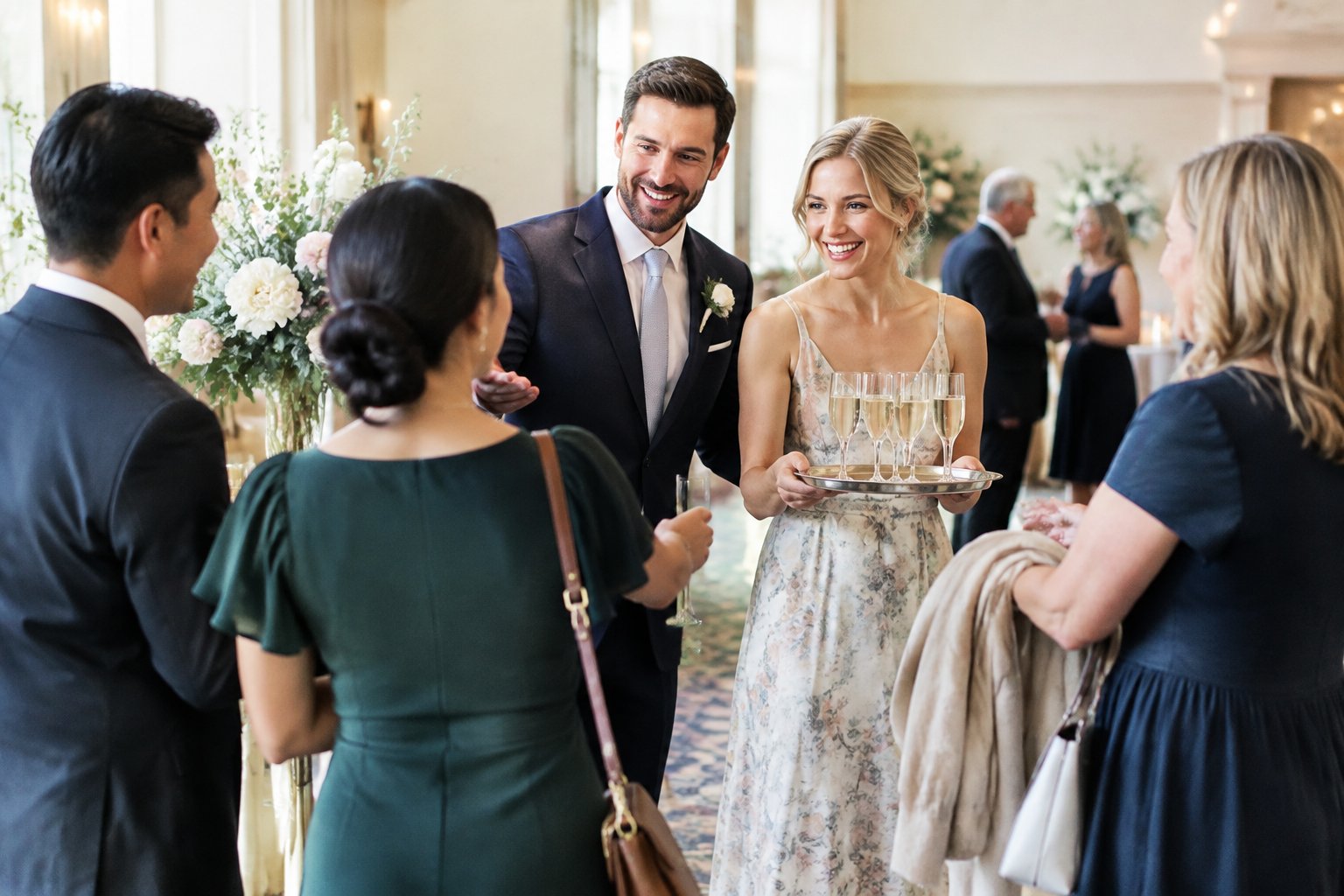 Wedding hosts warmly welcome arriving guests at a reception.