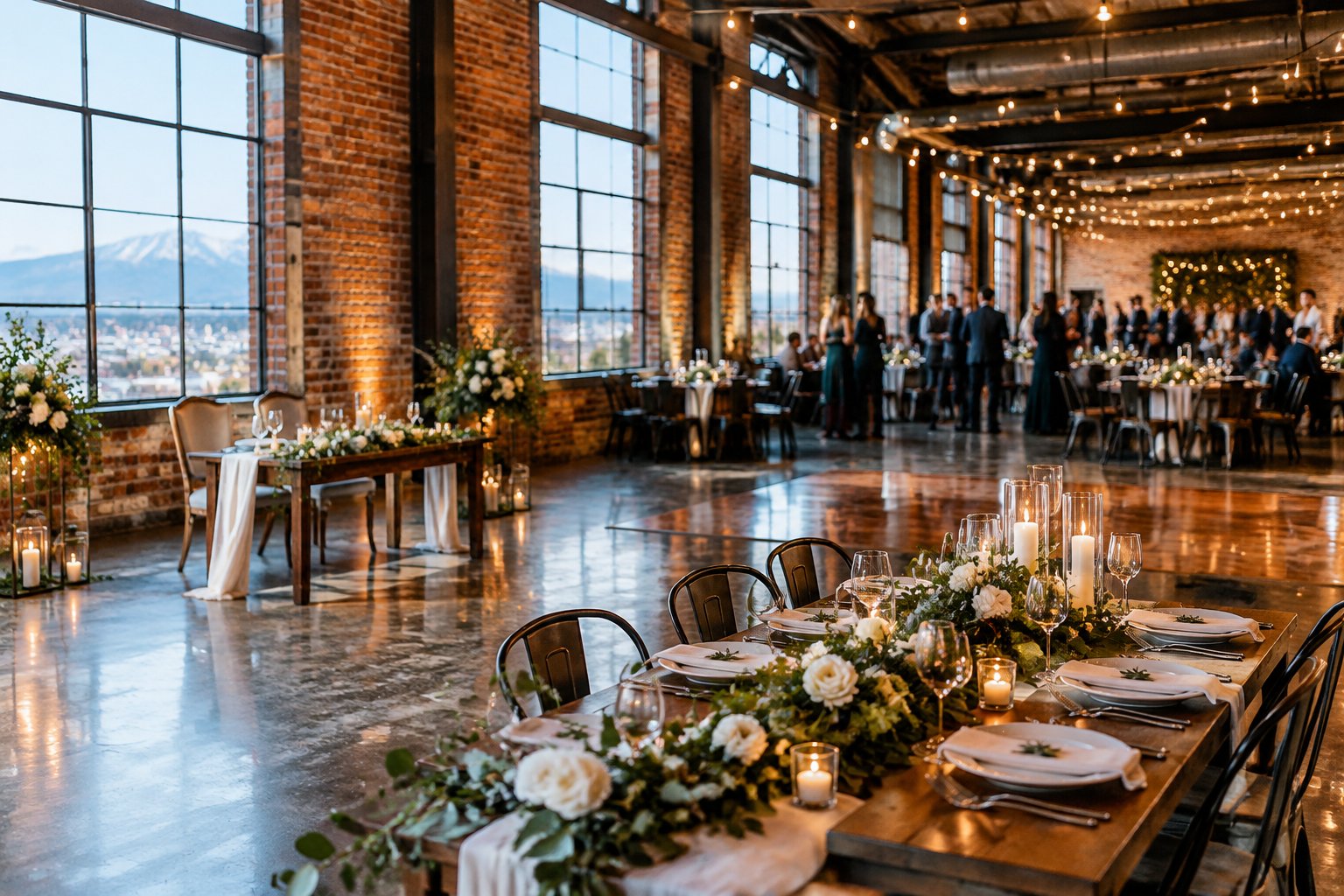 A wedding reception set up inside an industrial warehouse venue.