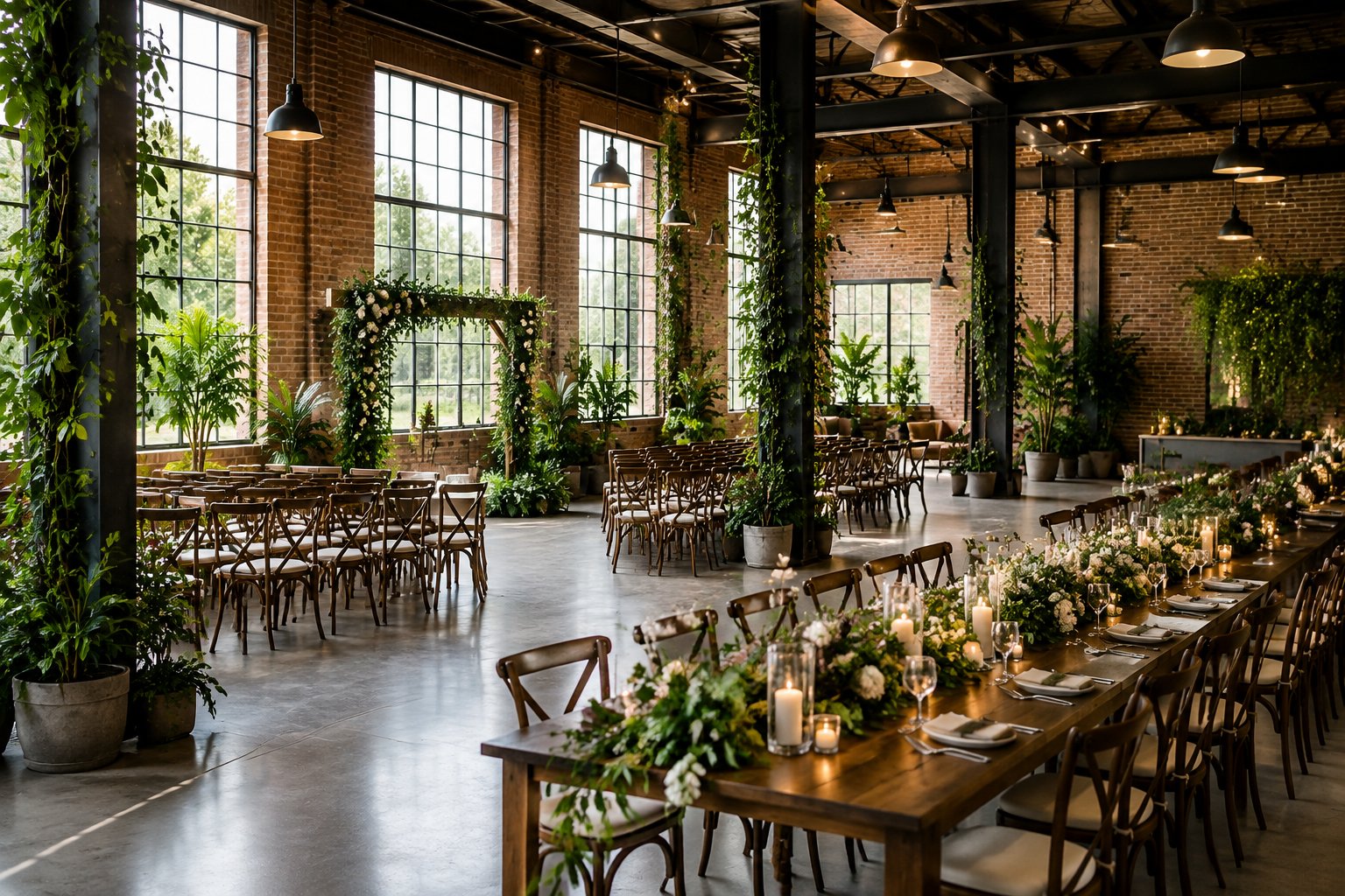 A warehouse wedding venue decorated with greenery, chairs, and reception tables.